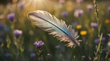 Feather Lying in Wild Flower Field with Sunlight Background photo