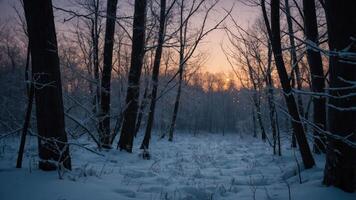 Winter Forest Scene at Dusk with Snow Covered Ground and Trees photo