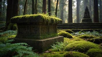 Moss Covered Stone Structure in Forest Setting with Lush Greenery photo