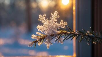Delicate Snowflake Resting on Evergreen Branch with Soft Sunlight Background photo