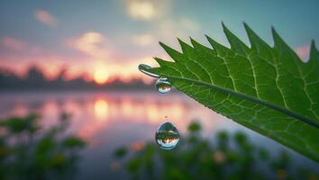 Dew Drops Hanging From Leaf Reflecting Sunrise Over Calm Water photo