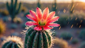 Flowering Cactus in Desert Landscape with Rain and Sunset Light photo