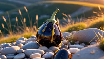 Eggplant Still Life on Rocks with Grassy Hills Background Scenery photo