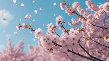 Blossoming Tree Branch with Falling Petals Against a Bright Blue Sky photo
