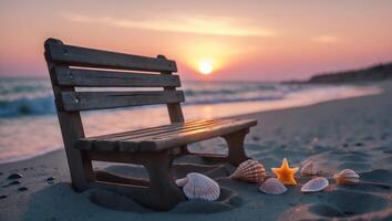 Bench and Seashells on a Beach at Sunset with Calm Waves photo