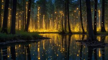 Still Forest Pond Reflecting Lights Among Trees in Magical Night Scene photo