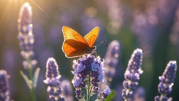 Orange Butterfly Resting on Lavender Flower in a Field at Sunset photo