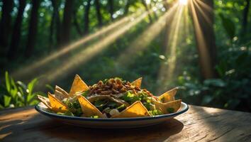Delicious Nachos Salad on a Rustic Table with Forest Sunlight photo