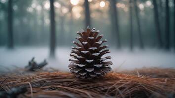 Pine Cone Resting on Needles in Foggy Forest Setting photo