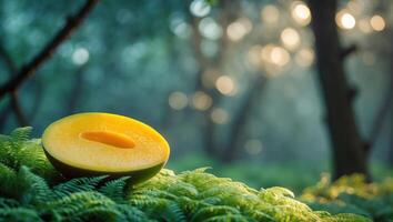 Mango Slice on Ferns in Forest with Bokeh Lights photo
