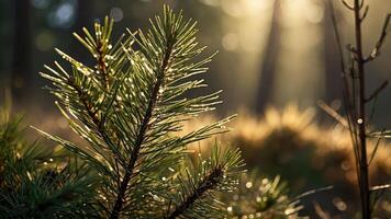 Pine Branch with Dew Drops Shines in Morning Light in Forest photo