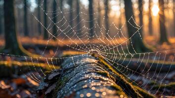 Spiderweb Shines with Dewdrops on Fallen Log in Forest photo