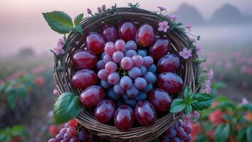 Grapes in Wicker Basket with Flowers in Field at Dawn photo