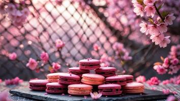 Stack of Macarons with Cherry Blossoms Creates a Delicate Spring Vibe photo
