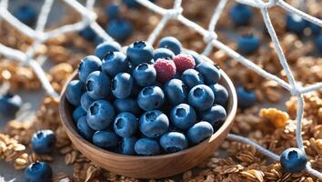 Blueberry and Raspberry Bowl on Granola with Decorative Net photo