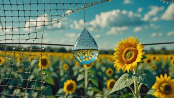 Sunflower Field Reflected in Water Drop on Fence, Clear Sky photo