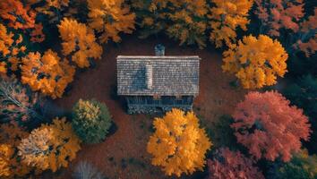 Cabin in Autumn Forest Aerial View with Colorful Fall Foliage photo