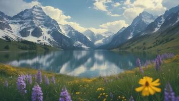 Reflecting Lake Amidst Snowy Mountains and Wildflower Meadow Scenery photo