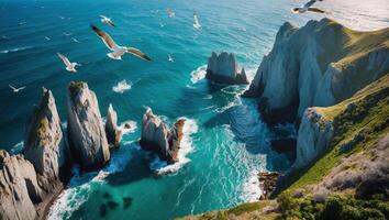 Seagulls Flying Over Rocky Coastline with Turquoise Water and Lush Greenery photo