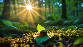 Snail Resting on Leaf in Forest with Sunlight Bursting Through photo