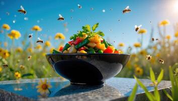 Vegetable Bowl in Summer Field with Pollinating Insects Hovering Around photo