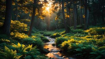 Flowing Stream Through Forest with Sun Rays and Green Ferns photo