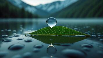 Water Drop on Leaf Floating Serene Lake Reflecting Mountain Scene photo
