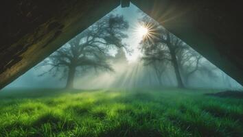 Sun Rays Streaming Through Trees and Fog in Grassy Landscape photo