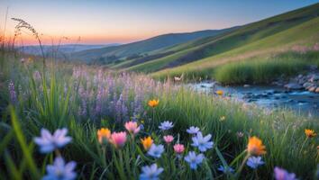 Scenic Landscape with Wildflowers and Flowing Stream at Dusk photo