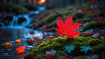 Red Maple Leaf on Moss Beside a Flowing Stream in Autumn photo