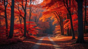 Autumn Forest Path with Red Leaves and Sunlight Breaking Through Trees photo