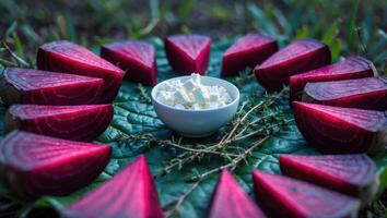 Arrangement of Beetroot Slices and Crumbled Cheese on Green Leaf photo