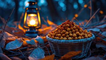Spiced Chickpeas in Wicker Basket with Antique Lantern Glow photo