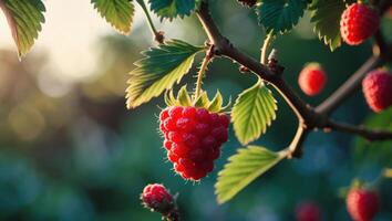 Raspberry Growing on Branch with Leaves in Sunlight at Garden photo