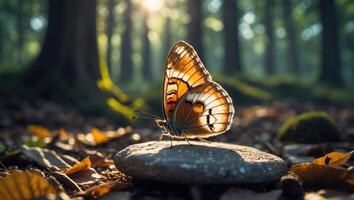 Butterfly Resting on Stone in Forest with Sunlight Filtering Through photo