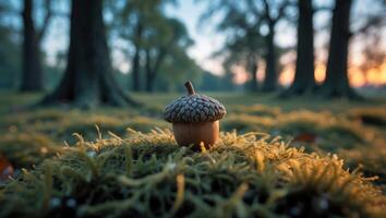 Acorn Resting on Mossy Ground in Forest at Dusk photo
