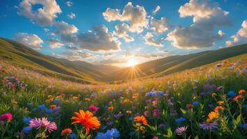 Wildflower Meadow at Sunset with Rolling Hills and Cloudy Sky photo