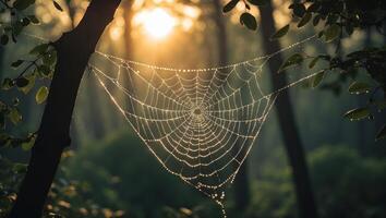 Spiderweb Glistens with Morning Dew in the Forest with Sun Rays photo