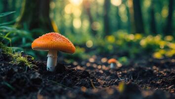 Mushroom Growing in Forest with Sunlight Through the Trees Background photo