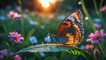 Butterfly Resting on Dew Covered Leaf in a Sunny Meadow photo