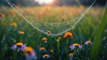 Spiderweb with Dew Drops Hanging Over Field of Colorful Flowers photo