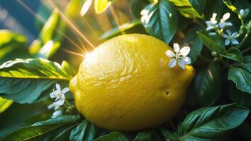 Yellow Lemon with Blossom on Green Leaves in Sunlight photo