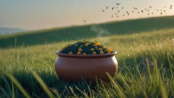 Pot of Fruit Placed on Grassland with Flying Birds photo