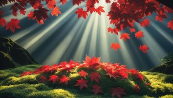 Red Maple Leaves Falling in Forest with Light Rays Shining Through photo