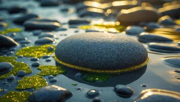 Smooth Rocks Resting on Water Surface with Reflections and Golden Light photo