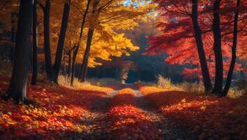 Autumn Path Leading Through Colorful Trees and Fallen Leaves Landscape photo