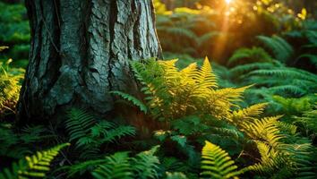 Ferns Growing Around Tree Trunk with Sunlight Streaming Through Forest photo