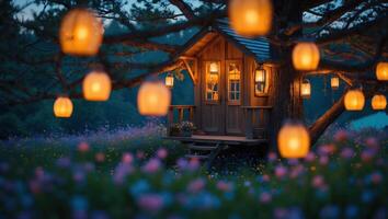 Charming Treehouse with Glowing Lanterns Amidst a Field of Flowers photo