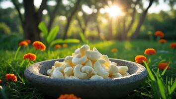 Cashews in Bowl on Grass with Flowers and Sunlit Trees photo