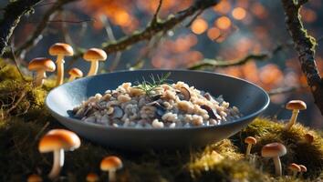 Mushroom Risotto Bowl in Enchanted Forest Setting with Wild Mushrooms photo